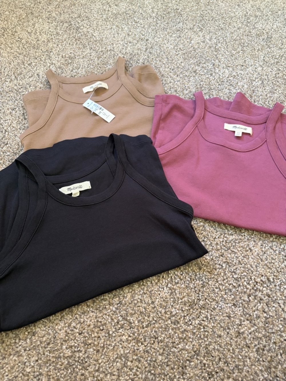 Three Madewell Ribbed Tanks. Black, Tan, Mauve. 2 Like New and 1 New with Tags!